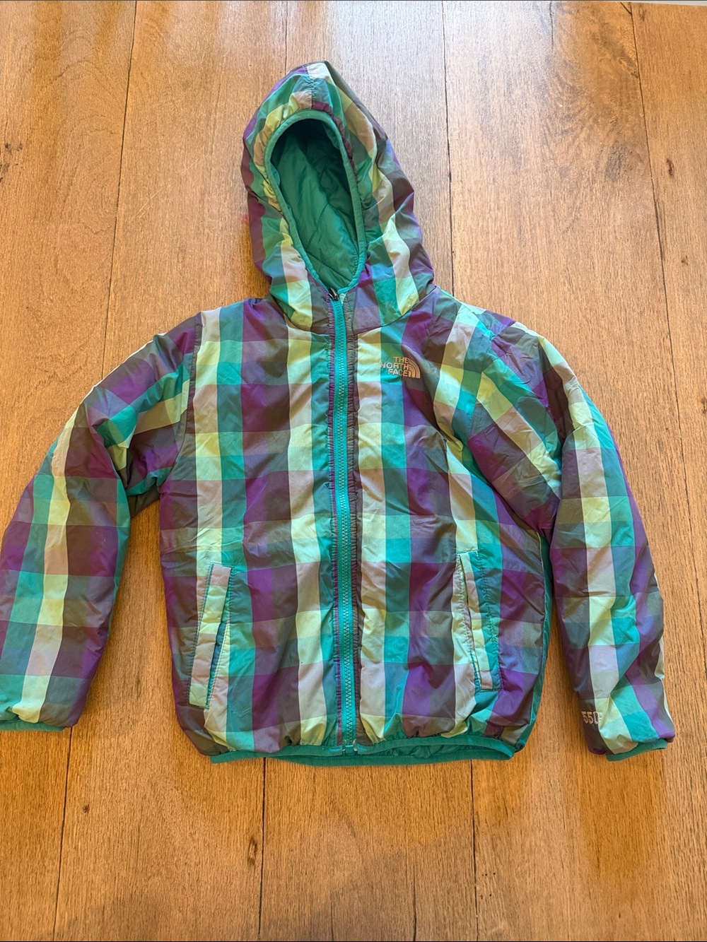 The North Face Girls' Plaid Hooded Puffer Jacket reversible - Teal, Purple